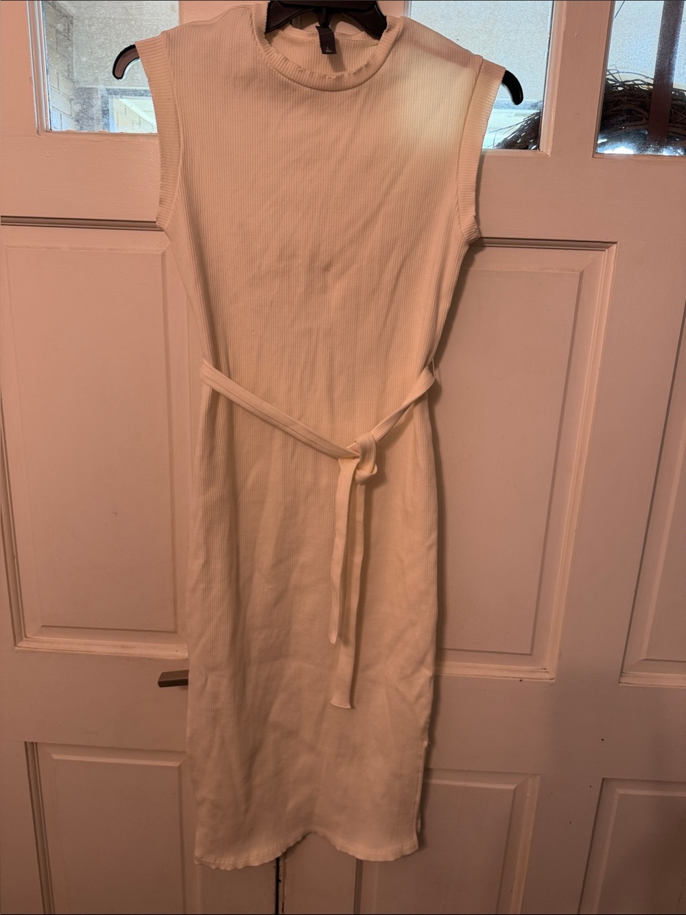 Alya Cream Sleeveless Ribbed Belted Midi Dress